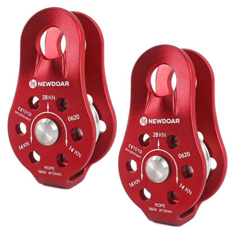 NewDoar Fixed Plate Micro Pulley,28KN CE Certified General Purpose Small Aluminum Rope Pulleys for Climbing/Aloft Work/Rappelling/Rescue Etc(28KN Red 2pcs) - Image 1